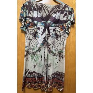 One World Vintage '90s/Y2k Womens Butterfly Whimsical Short Sleeve Tunic Top S